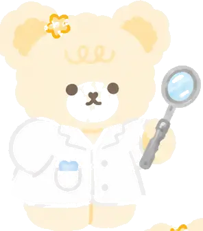 Cozy the bear holding a dental mirror and looking at a tooth