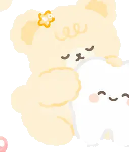 Cozy the bear hugging a smiling tooth