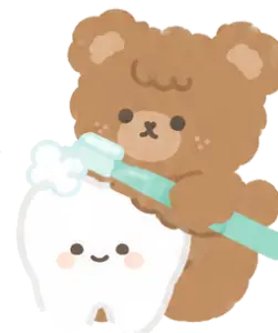 Crumbs the brown bear brushing a large smiling tooth