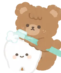 Crumbs the brown bear brushing a large smiling tooth