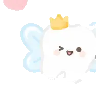 A smiling tooth wearing a gold crown and fairy wings