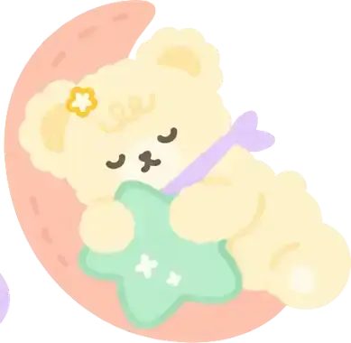 A sleepy cream bear curled up on a crescent moon hugging a mint star