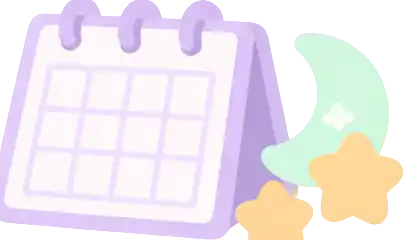 A lavender desk calendar with a mint moon and gold stars