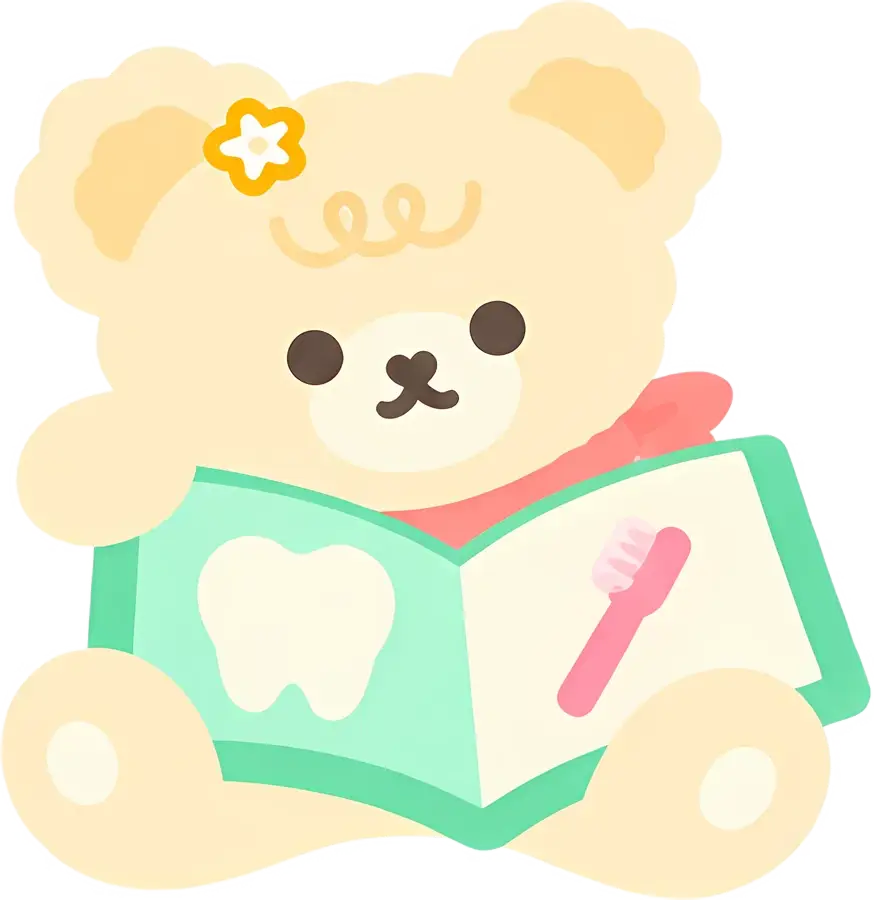 Cozy the bear reading a book about teeth