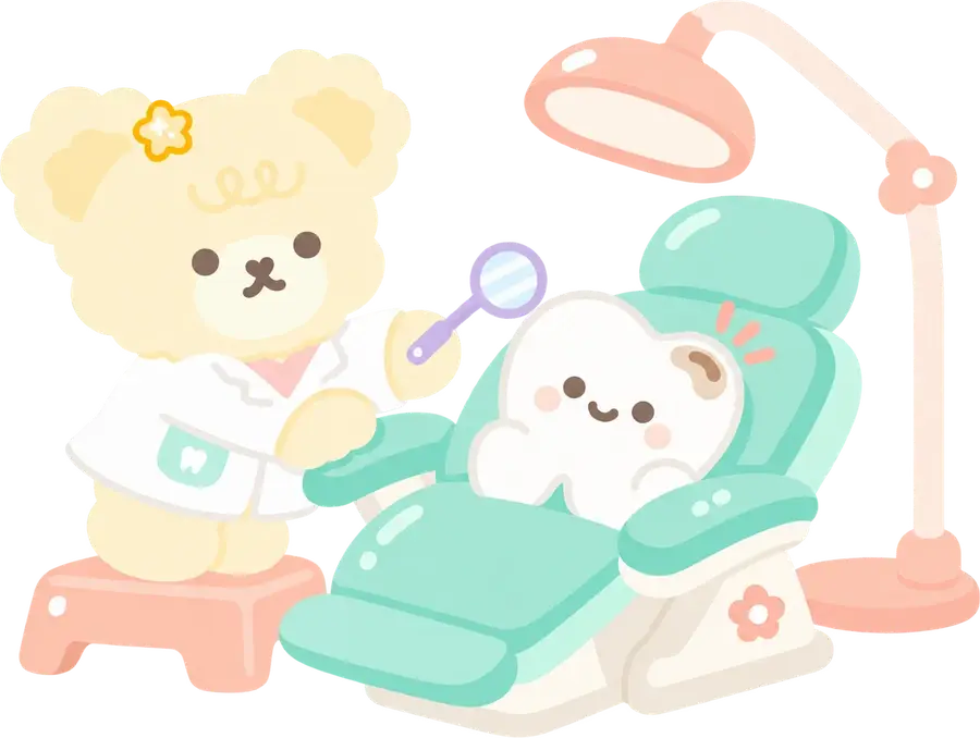 Cozy the bear dentist checking a smiling tooth in a dental chair