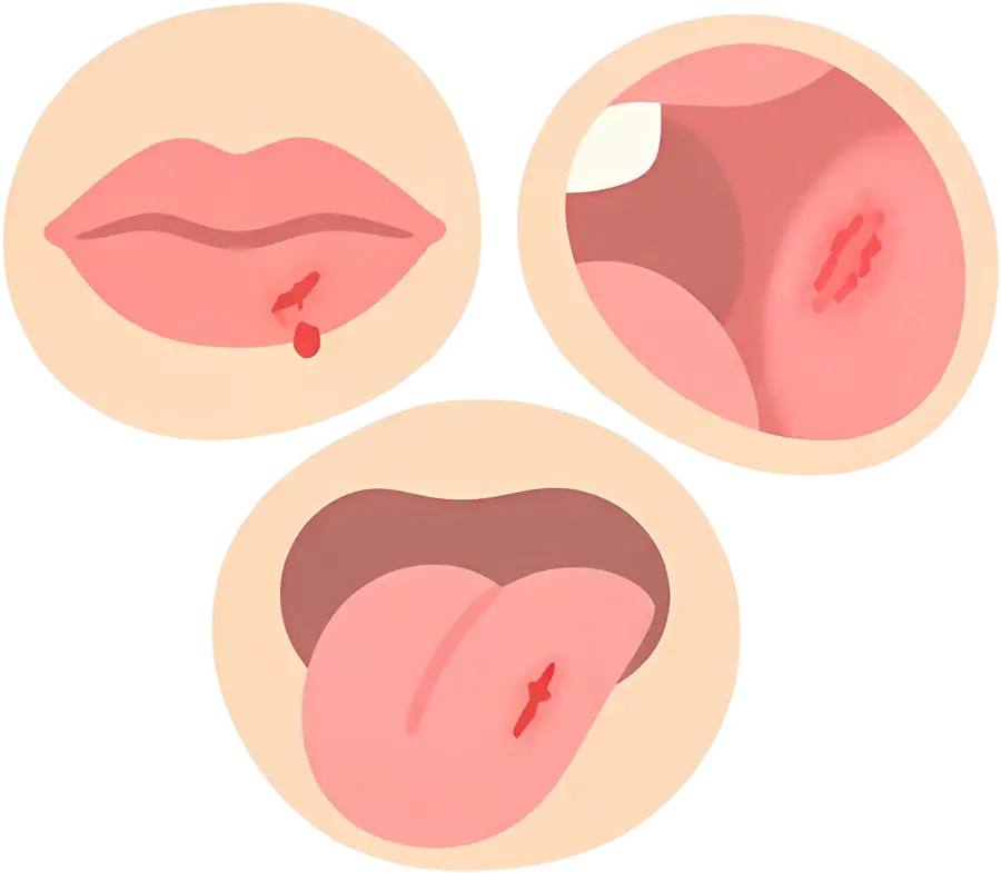 Close-ups of a cut lip, a cut cheek and a cut tongue