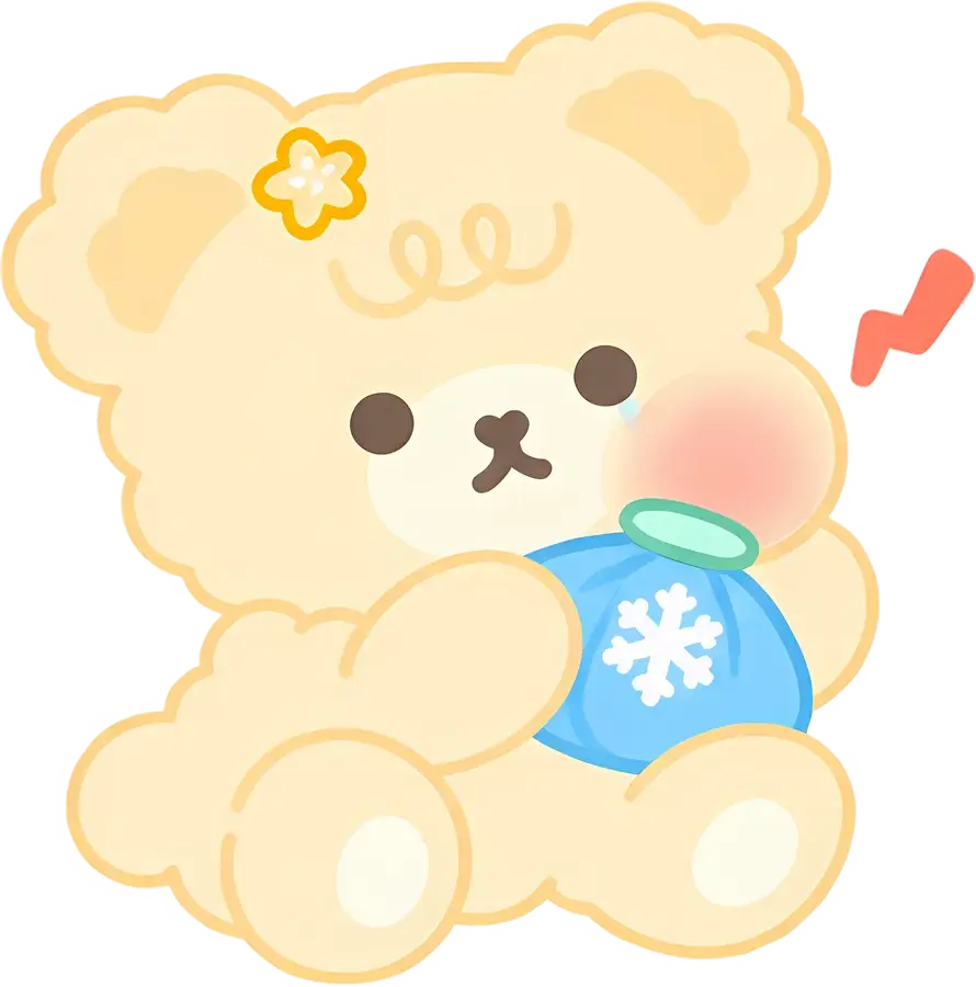 Cozy the bear holding a cold pack against a swollen cheek