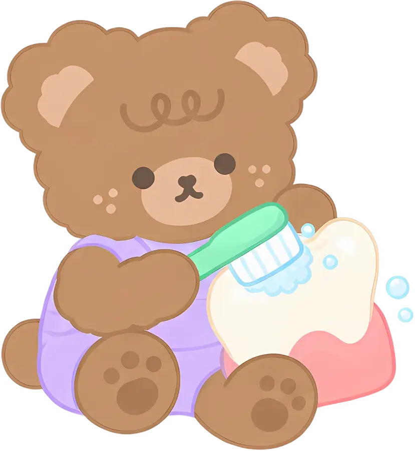 Crumbs the bear brushing a big tooth