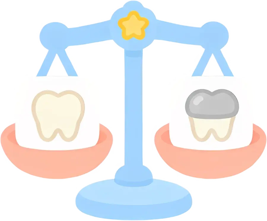 A balance scale weighing a natural tooth and a tooth with a crown