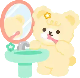 Cozy the bear brushing teeth at a sink while looking in a round mirror
