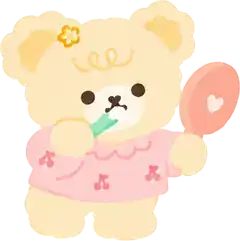 Cozy the bear in pink pajamas holding a hand mirror